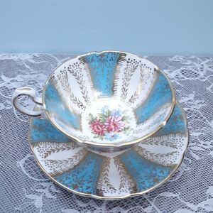 Paragon Teacup & Saucer Fine Bone China Floral Blue White Gold Pink Green Ornate